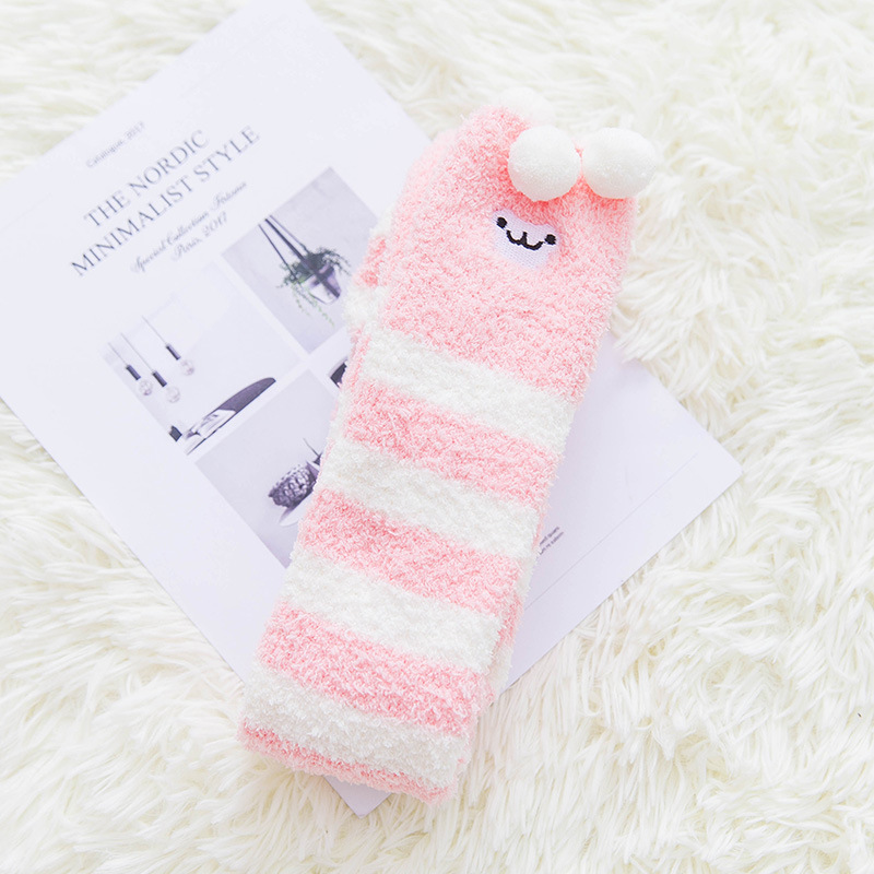 Female Striped Socks Autumn Winter Embroidery Cartoon Animal Coral Velvet Thick Warm Socks Female Sleeping Socks Knee Socks Wholesale Fluffy Fuzzy Socks